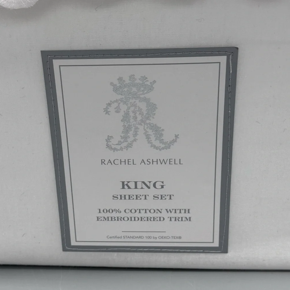 RACHEL ASHWELL KING Sheet Set White 200tc Cotton Percale Eyelet Scalloped Trim